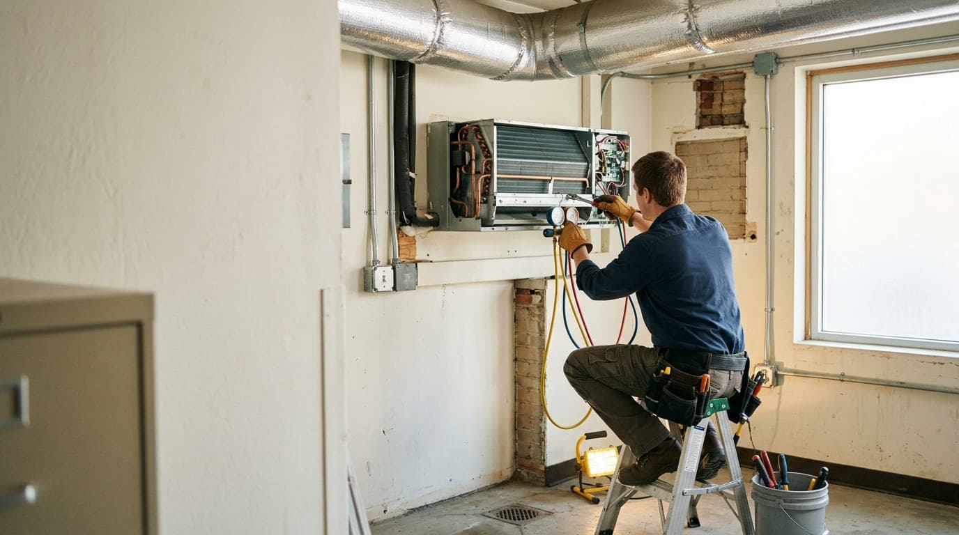 A refrigeration and air conditioning technician working on an indoor AC unit with tools and equipment visible.